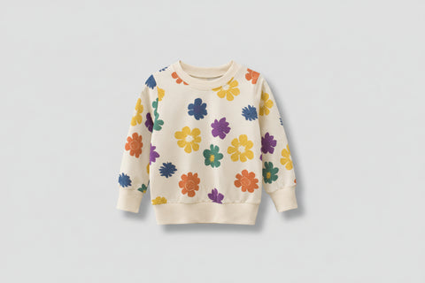 Beige sweatshirt with colorful flower pattern on a white background