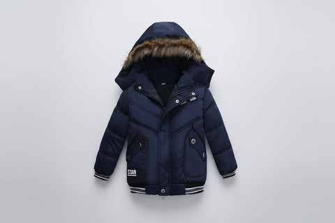 Navy blue winter jacket with fur-lined hood on a white background