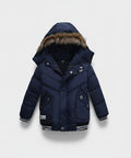 Navy blue winter jacket with fur-lined hood on a white background