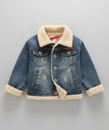 Children's denim jacket with beige fleece lining on a light background