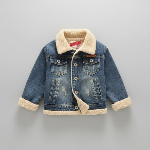 Children's denim jacket with beige fleece lining on a light background