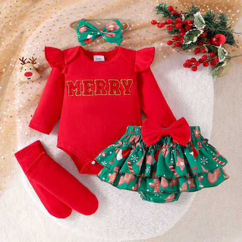 Christmas Ruffle Romper, Skirt and Leggings Set with Headband