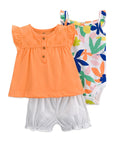 Orange top, white shorts, and floral-patterned swimsuit on a white background