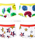 Two pairs of children's underwear with colorful smiley face and star designs on a white background.