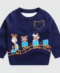 Navy blue sweater with cartoon train design on a white background