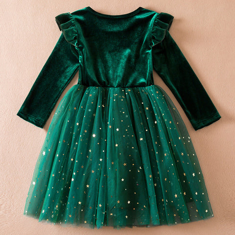 Festive Cotton Velvet Dress with Glittery Star Tulle