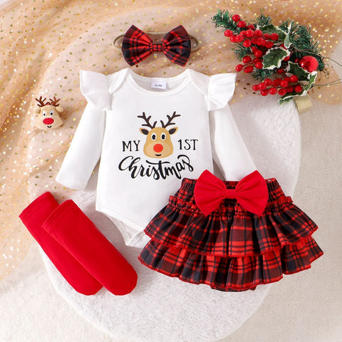 Christmas Ruffle Romper, Skirt and Leggings Set with Headband