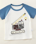 Children's t-shirt with a crane graphic on a hanger against a white background