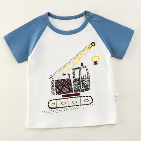 Children's t-shirt with a crane graphic on a hanger against a white background