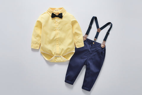 Soft Cotton Shirt Bodysuit, Pants, Suspenders and Bow Tie Set