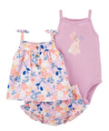 Baby girl's floral dress and pink bodysuit with bunny design on a white background