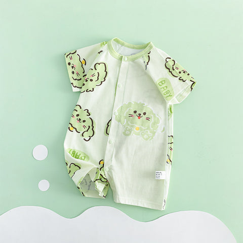 Baby romper with green animal patterns on a light green background