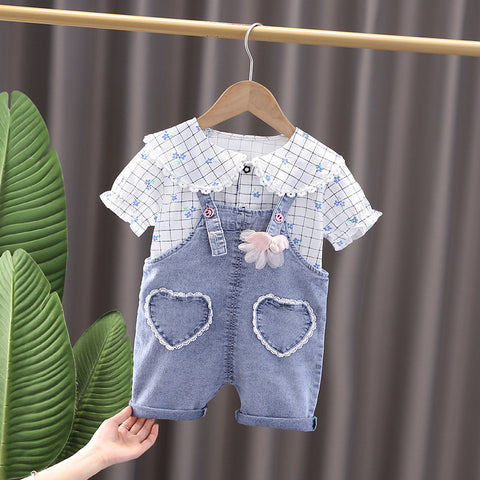 Shirt and Suspender Shorts Heart Pocket Set