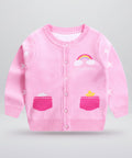 Pink children's cardigan with rainbow and cloud design on a white background
