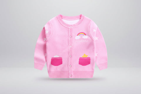 Pink children's cardigan with rainbow and cloud design on a white background