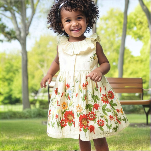 Child in a floral dress standing in a park