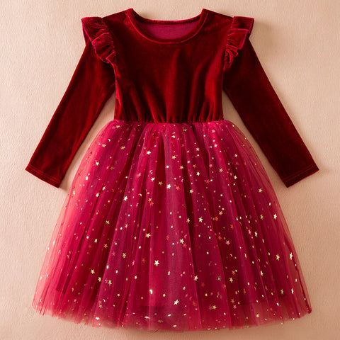 Festive Cotton Velvet Dress with Glittery Star Tulle