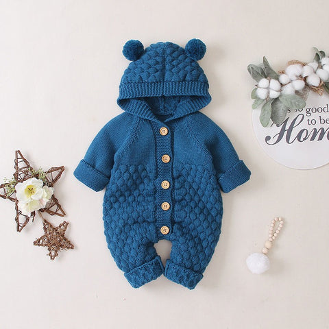 Cozy Knit Hooded Romper with Wooden Buttons