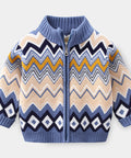 Children's knitted jacket with a blue and beige pattern on a white background
