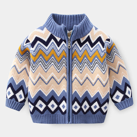 Children's knitted jacket with a blue and beige pattern on a white background