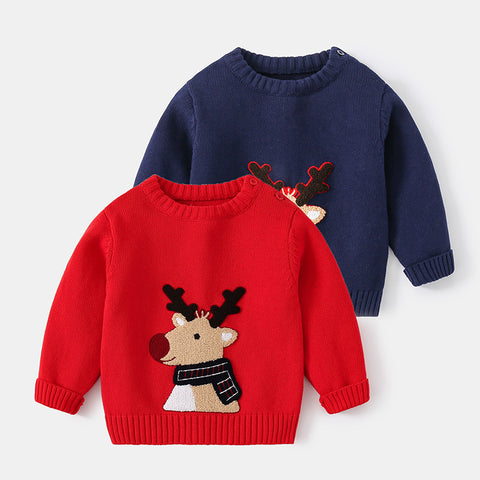 Festive Reindeer Applique Cotton Knit Sweater