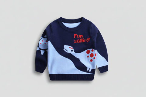 Children's sweater with dinosaur design and 'Fun Sailing' text 