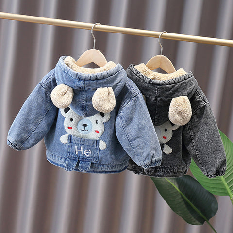 Adorable Denim Hooded Jacket with Bear Appliqué