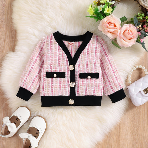 Charming Cotton Cardigan and Plaid  Skirt Set