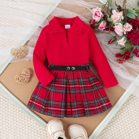 Cheery Ribbed Pullover and Plaid Skirt Set