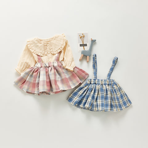 Soft Plaid Suspender Skirt and Comfy Top Set