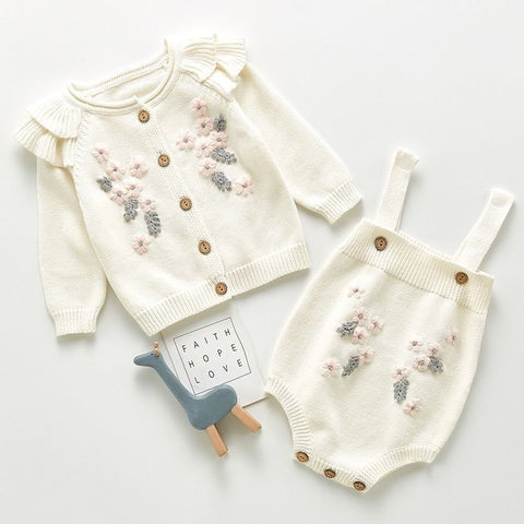 Lovely Embroidered Knit Cardigan and Romper Set