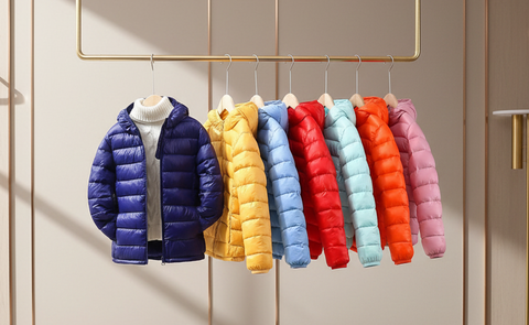 Colorful puffer jackets on a rack against a neutral wall.