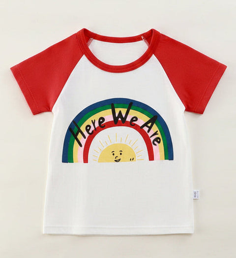Children's t-shirt with red sleeves and rainbow design on a hanger against a white background