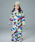  colorful geometric-patterned snowsuit on a gray background