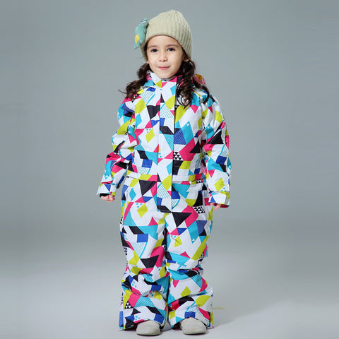  colorful geometric-patterned snowsuit on a gray background
