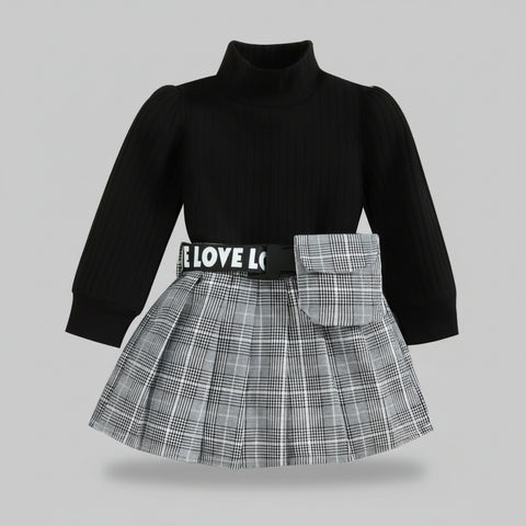 Cozy Ribbed Knit Turtleneck Pullover and Plaid Skirt Set