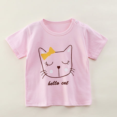 Pink t-shirt with a cat graphic and 'hello cat' text on a hanger against a white background.