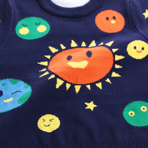 Cheerful Solar System Design Cotton Knit Sweater