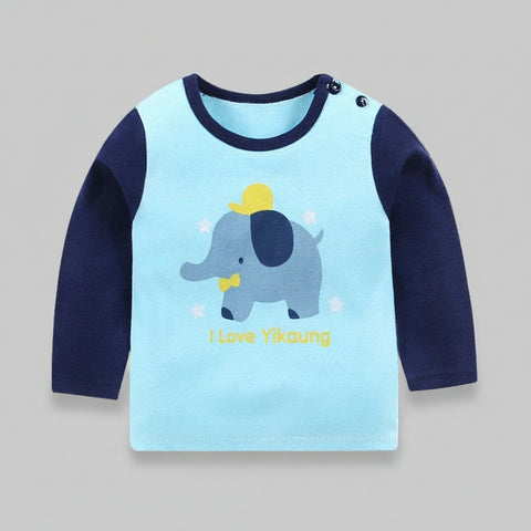 Children's long-sleeve shirt with an elephant design on a light blue background