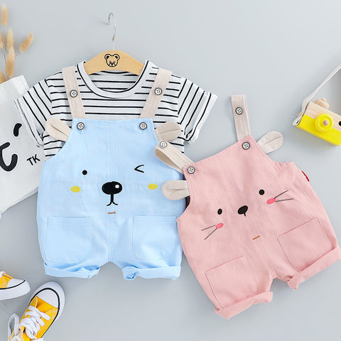 Playful Design Overalls and Cotton T-Shirt Set