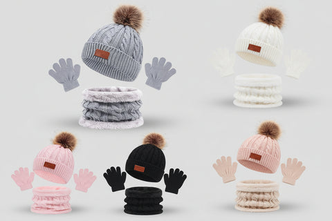 Collection of winter hats, scarves, and gloves in various colors with pom-poms on a white background.
