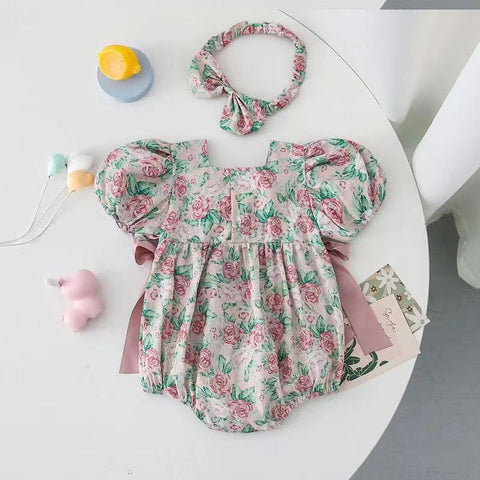 Cotton Romper and Headband Rose Print Set