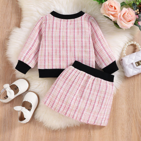 Charming Cotton Cardigan and Plaid  Skirt Set
