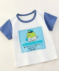 Children's t-shirt with blue sleeves and a cartoon character patch on a white background