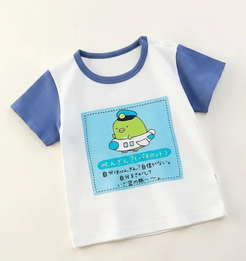 Children's t-shirt with blue sleeves and a cartoon character patch on a white background