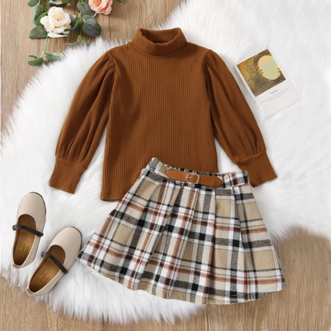 Ribbed Turtleneck Pullover and Plaid Skirt Set