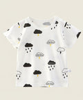 White t-shirt with cloud and raindrop patterns on a hanger against a white background