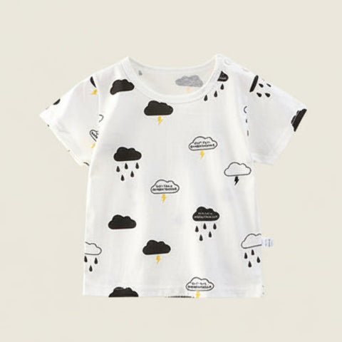 White t-shirt with cloud and raindrop patterns on a hanger against a white background