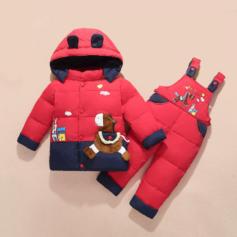 Horse Embroidered Puffer Jacket and Overalls Set