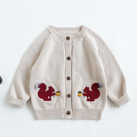 Delicate Squirrel Embroidered Cotton Knit Cardigan